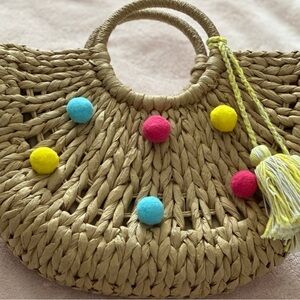 Colorful Pom-Pom Woven Handbag